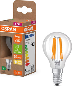 OSRAM Energy Class LED-lamp in klassieke minibolvorm, 3,8 W / 806 lm, EEK A, warm wit licht (2700 K), CRI 80, gemaakt van helder gekleurd loodvrij glas, E14 fitting, IP20, 45 mm diameter.