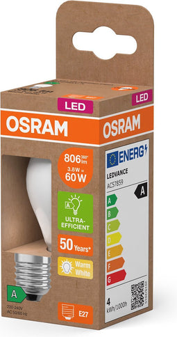 OSRAM Energy Class LED-lamp in klassieke minibolvorm, 3,8 W / 806 lm, EEK A, warm wit licht (2700 K), CRI 80, gemaakt van mat loodvrij glas, E27 fitting, IP20, 45 mm diameter.