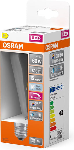 OSRAM Superstar dimbare LED lamp met bijzonder hoge kleurweergave (CRI9-), E27-basis Filament optiek ,Koud wit (4-K), 73- Lumen, substituut voor 6-W-verlichtingsmiddel dimbaar, 1-Pak
