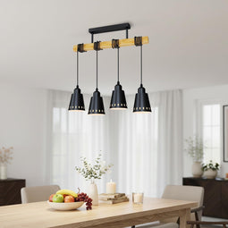 Industriele Hanglamp 4-Lichts Zwart met Hout - 52 cm