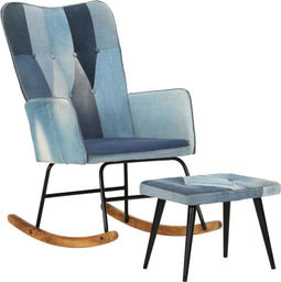vidaXL - Schommelstoel - met - voetensteun - patchwork - canvas - blauw - denim