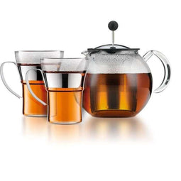 Theepot met pers - BODUM - ASSAM SET - 1,0 l met deksel, roestvrijstalen filter + 2 glazen bekers...
