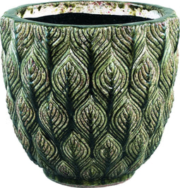 PTMD Skipp groene pot keramiek geglazuurd rond met pauw patroon maat in cm: 40 x 40 x 38 - Groen