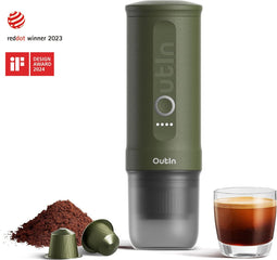 Outin Nano draagbare elektrische espressomachine - snelle waterverwarming - Italiaans design - capsules & gemalen koffie - 20 bar - draagbare koffiemachine - reis & camping koffiezetapparaat 12 volt