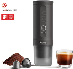 Outin Nano draagbare elektrische espressomachine - snelle waterverwarming - Italiaans design - capsules & gemalen koffie - 20 bar - draagbare koffiemachine - reis & camping koffiezetapparaat 12 volt