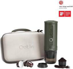Outin Nano reis cadeauset - draagbare elektrische espressomachine met beschermkoffer - snelle waterverwarming - Italiaans design - capsules & gemalen koffie - 20 bar - draagbare koffiemachine - reis & camping koffiezetapparaat 12 volt