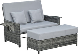 Outsunny Poly-rotan loungebank 2-zits set ligstoel kruk bruin 862-012-1