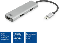 ACT AC7013 - USB-C 4K Multiport Adapter - 2x HDMI 4K @ 30Hz - Aluminium