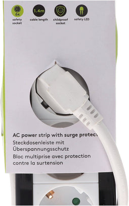 Overspanningsbeveiligde stekkerdoos 6x veiligheidscontact met 1,4m kabel en schakelaar zwart/wit