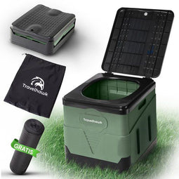 Travelhawk Camping Toilet - Toiletemmer - Draagbaar Opvouwbaar - Groen Zwart