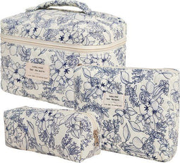 Skycases Reisbenodigdheden - 3-delige Make-up Tas Set - Eco-vriendelijk Katoen - Gewatteerde Gebloemde