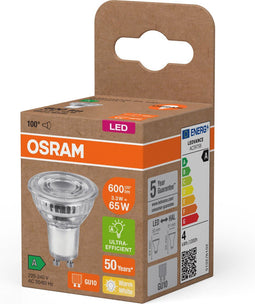 OSRAM Energieklasse LED-reflectorlamp PAR16 met 3,3 W, 600 lm, warm wit (2700 K) gemaakt van helder loodvrij glas met GU10 voet in energie-efficiëntieklasse A, 50 mm diameter, IP20.