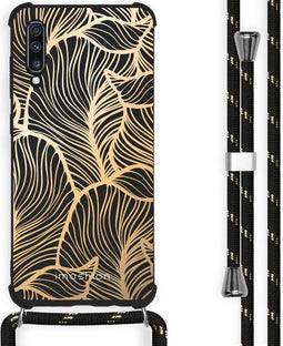 iMoshion Hoesje Geschikt voor Samsung Galaxy A70 Hoesje Met Koord - iMoshion Design Hoesje met Koord - Goud / Zwart / Golden Leaves