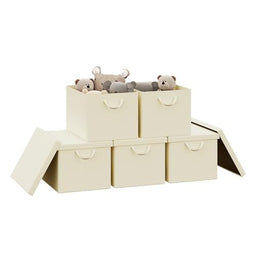 Woltu Opbergdoos met Deksel Set van 5 - Opvouwbare Stofbox met Handvatten - Crème - 48 x 30 x 36 cm