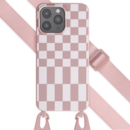 Selencia Hoesje Geschikt voor iPhone 15 Pro Max Hoesje Met Koord - Selencia Siliconen design hoesje met afneembaar koord - Roze / Irregular Check Sand Pink