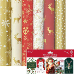 Kerstpapier Set - 8 Rollen 200 cm x 70 cm - Inclusief 40 Luxe Labels - Multikleur