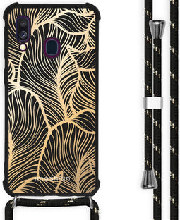 iMoshion Hoesje Geschikt voor Samsung Galaxy A40 Hoesje Met Koord - iMoshion Design Hoesje met Koord - Goud / Zwart / Golden Leaves