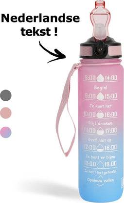 LaCardia Nederlandse Motivatie Waterfles - Drinkfles met rietje - 1 liter met tijdmarkering - Roze blauw