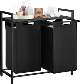 O'DADDY® Wasmand 2 vakken – uitschuifbare wassorteerder met plank - 73 x 33 x 72 cm – metaal - dark grey