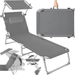 tectake® Ligstoel - Opvouwbaar Ligbed - Verstelbare Rugleuning 4 Standen - Grijs