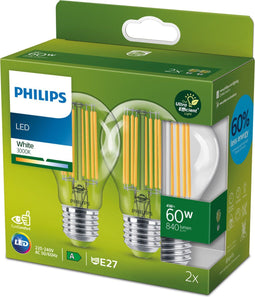 Philips LED lamp Transparant - 60 W - E27 - warmwit licht - 2-pack - Bespaar op energiekosten