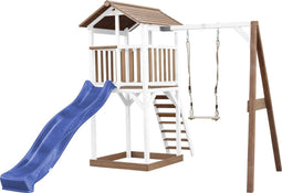 AXI Beach Tower Speeltoestel in Bruin/Wit - Speeltoren met Enkele Schommel, Blauwe Glijbaan en Zandbak - FSC hout - Speelhuis op palen voor de tuin