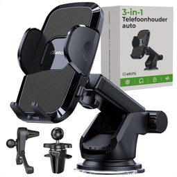 iSetchi Telefoonhouder Auto - 3-in-1 met Sterke Zuignap - 360 Graden Rotatie - Zwart