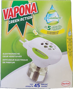 Vapona Pronature Green Action - Elektronische Parfum Verstuiver - 5 essentiële oliën - Groen (1x)