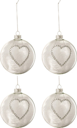 J-Line kerstbal Hart Strass - glas/pluim - wit/zilver - medium - doos van 4