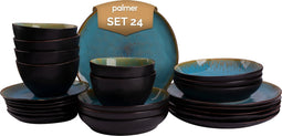 Palmer - Lotus - Serviesset - 6 persoons - 24 delig - Turquoise/Zwart - Stoneware - Bordenset
