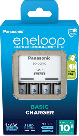 Panasonic eneloop Basic lader voor 2 of 4 AA/AAA NiMH-batterijen, nieuwe veiligheidsfuncties, inclusief 4 eneloop AAA/Micro batterijen met verbeterde capaciteit, met 6 veiligheidsfuncties