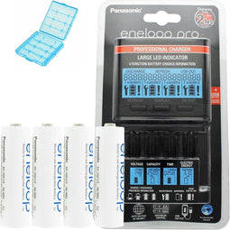 Panasonic eneloop lader BQ-CC65 incl. LCD-display, 4 eneloop AA Mignon en AccuCell AkkuBox Blue
