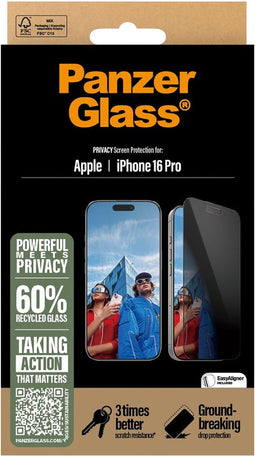 PanzerGlass Screenprotector geschikt voor Apple iPhone 16 Pro Glazen | PanzerGlass Ultra-Wide Fit Privacy Screenprotector Privacy - Case Friendly - Zwart