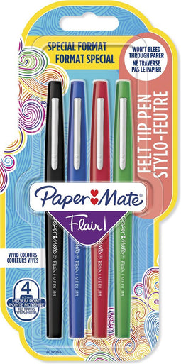 Paper Mate Flair-viltstiften | Medium punt (0,7 mm) | zwarte, blauwe, rode en groene inkt | 4 stuks