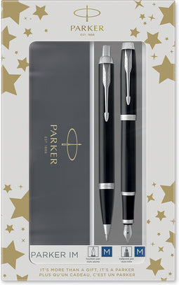 Parker IM duo geschenkset met balpen en vulpen | glanzend zwart met chromen afwerking | inktnavulling en inktpatroon met blauwe inkt | cadeauverpakking