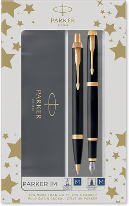 Parker IM Duo geschenkset met balpen en vulpen | glanzend zwart met gouden rand | blauwe inktvulling en -cartridge | cadeauverpakking