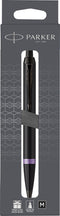 Parker IM Vibrant Rings balpen | satijn zwarte lak met amethist paarse details | medium punt met zwarte inkt navulling