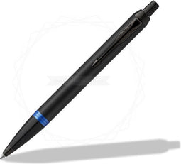 Parker IM Vibrant Rings balpen | satijn zwarte lak met marineblauwe details | medium punt met blauwe inkt navulling | geschenkdoos