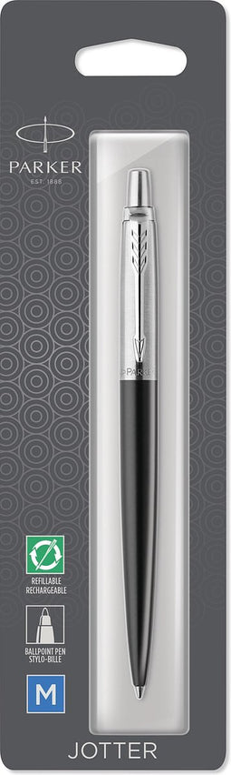 Parker Jotter-balpen | Bond Street Black met chromen rand | Medium punt met blauwe inkt