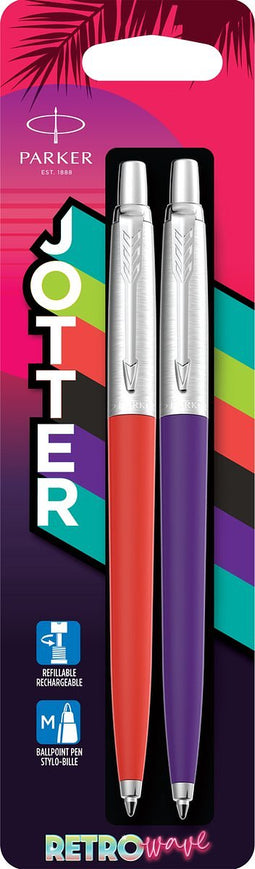 Parker Jotter Originals-balpennen | Retrowave-collectie | Vermiljoenrood en indigopaars | Blauwe inkt | medium punt | Blister