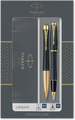 Parker Urban Duo geschenkset met balpen en vulpen | zacht zwart met gouden trim | blauwe inkt | geschenkverpakking