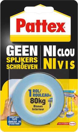 Pattex Montagetape dubbelzijdig 80kg | Voor binnen gebruik| 1.5m Dubbel Montage tape | Dubbelzijdige Plak-tape.