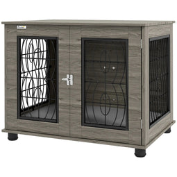 PawHut Hondenkooi met Ligkussen, tot 20kg/50cm Lichaamslengte, Metaal, 80x56x63cm, Grijs/Houtdecor