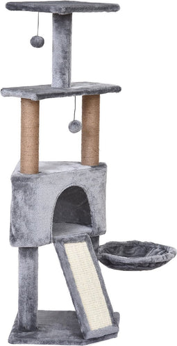 PawHut Kattenboom 4 verdiepingen krabpaal kattengrot sisal palen krabplank pluche grijs D30-254