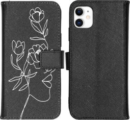 iMoshion Hoesje Geschikt voor iPhone 11 Hoesje Met Pasjeshouder - iMoshion Design Softcase Bookcase - Wit / Zwart / Woman Flower Black