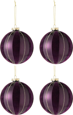J-Line kerstbal - glas/fluweel - paars/goud - 4 stuks