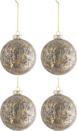 J-Line kerstbal - fluweel/glas - antiek grijs/goud - medium - doos van 4