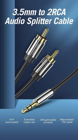 Vention 3.5mm Male Aux Jack naar 2 RCA Male Audio Kabel 1 meter