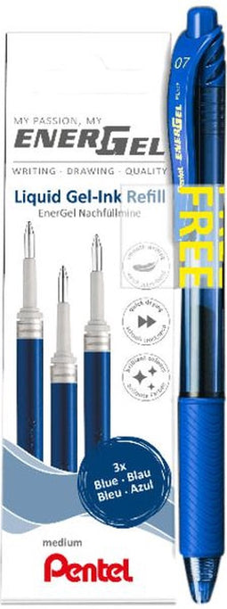 Pentel vulling Energel | 0 | 7 mm | blauw | 3 stuks + roller (GRATIS)