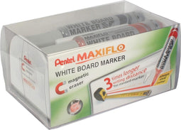 Pentel whiteboardmarker Maxiflo set van 4 stuks: blauw, rood, groen en zwart + magnetische bordwisser